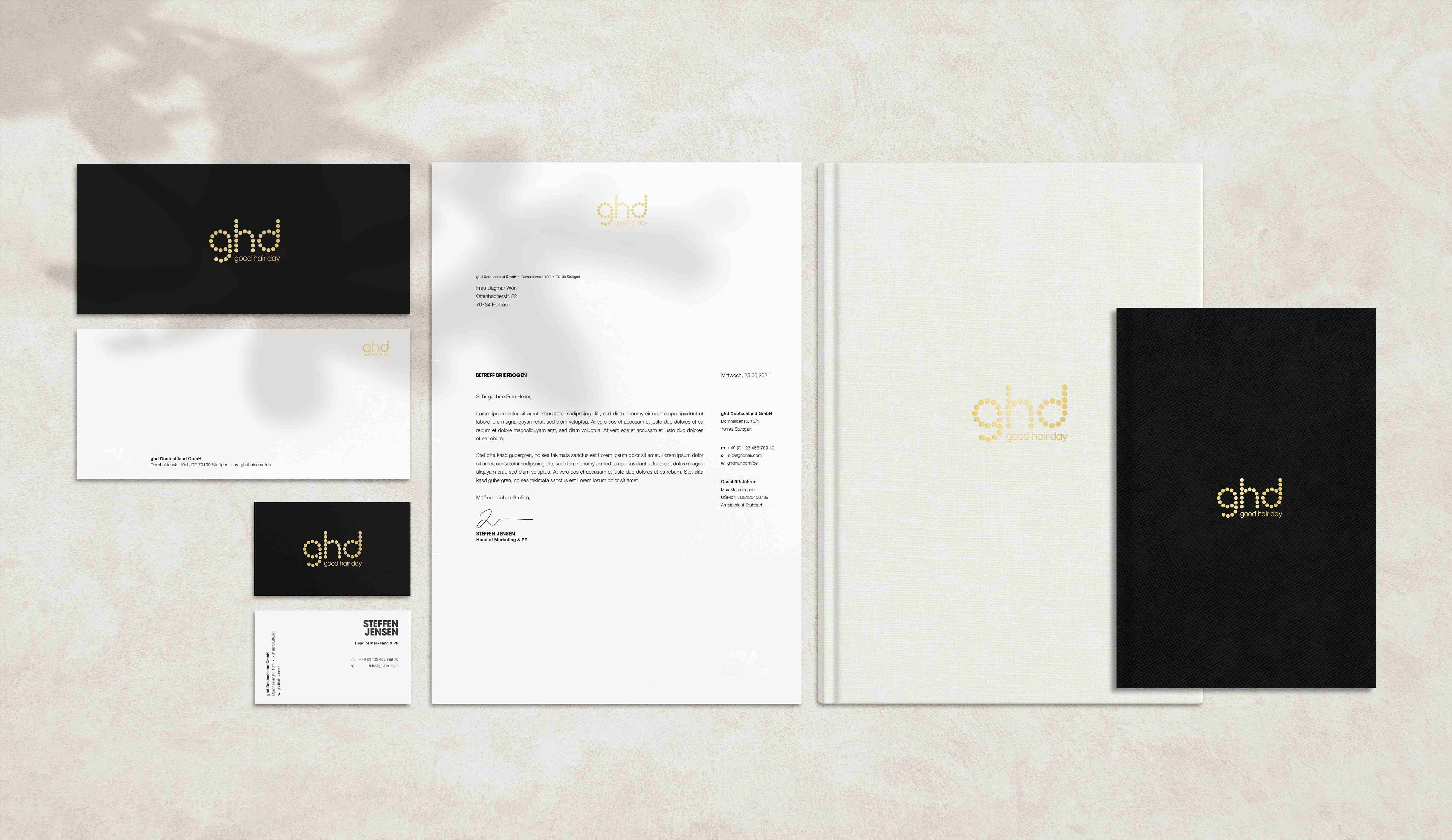 GHD brand logo and stationery set featuring elegant design elements | Contenance GmbH - GHD design
